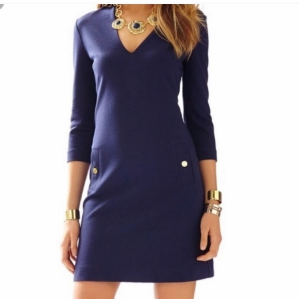 Lilly Pulitzer True Navy Blue Charlene Ribbed V Neck Shift Mini Dress size Small